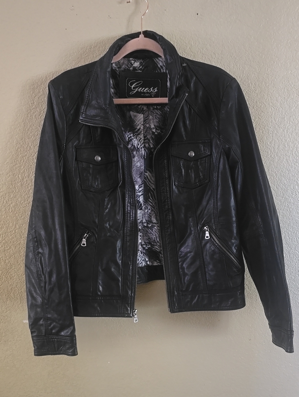 Guess Black Leather Zip-Up Jacket with Chest Flaps